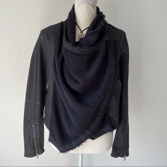 FREE PEOPLE BLACK SCARF WRAP AROUND BOHO FESTI DENIM MOTO JACKET SIZE 0 - Picture 4 of 11